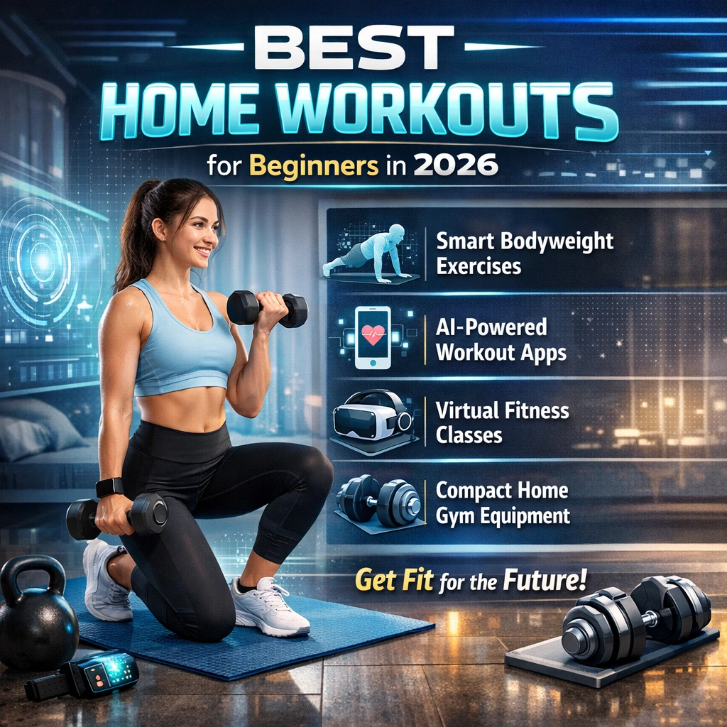best home workouts for beginners 2026 - woman doing bodyweight exercises at home