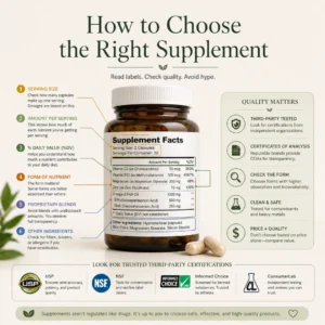 Supplement label guide showing serving size percent daily value and quality indicators