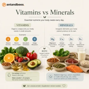 Comparison of vitamins and minerals with examples like vitamin C, D, magnesium and iron