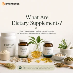 Different types of dietary supplements including protein powder, vitamins, fish oil and herbal products