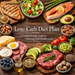 Low carb diet plan foods including chicken, salmon, avocado and healthy fats
