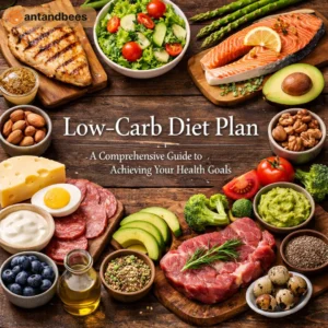 Low carb diet plan foods including chicken, salmon, avocado and healthy fats